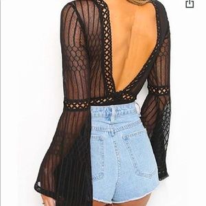 Baevely Lace Deep Vneck Bell Flare Bodysuit
